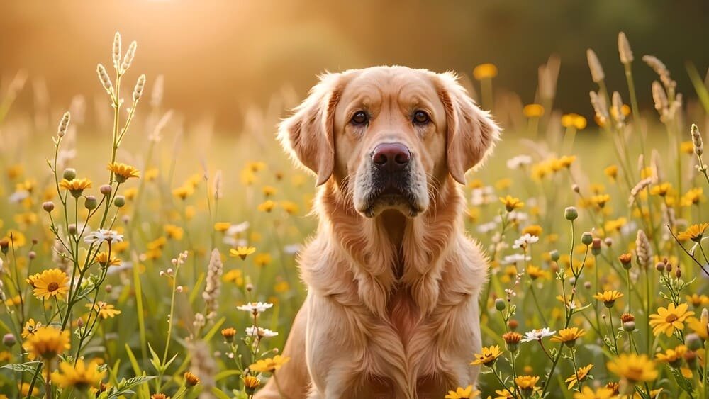 Golden Retriever puppy running happily in a sunny green field, representing the joy of a well-named dog