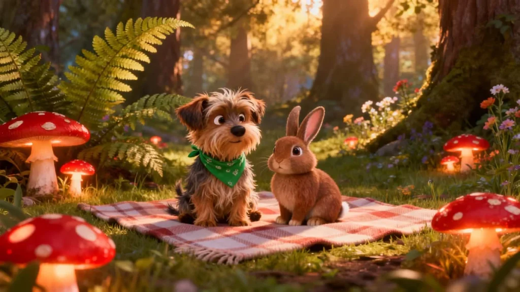 Adorable dog and rabbit in enchanted forest with red mushrooms and golden ferns - cottagecore pet names for dogs and rabbits, nature-inspired naming
