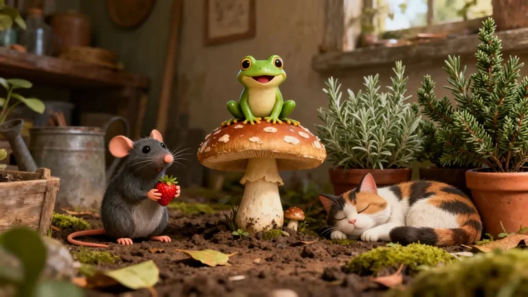 Whimsical cottagecore garden scene with smiling frog on red mushroom, mouse holding strawberry, calico cat, and potted herbs - goblin core and botanical pet names