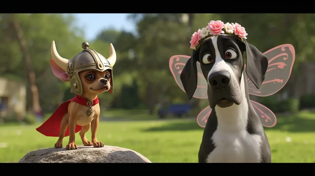 Tiny Chihuahua warrior with viking helmet and red cape standing next to giant Great Dane with pink flower crown and fairy wings - ironic pet names contrast