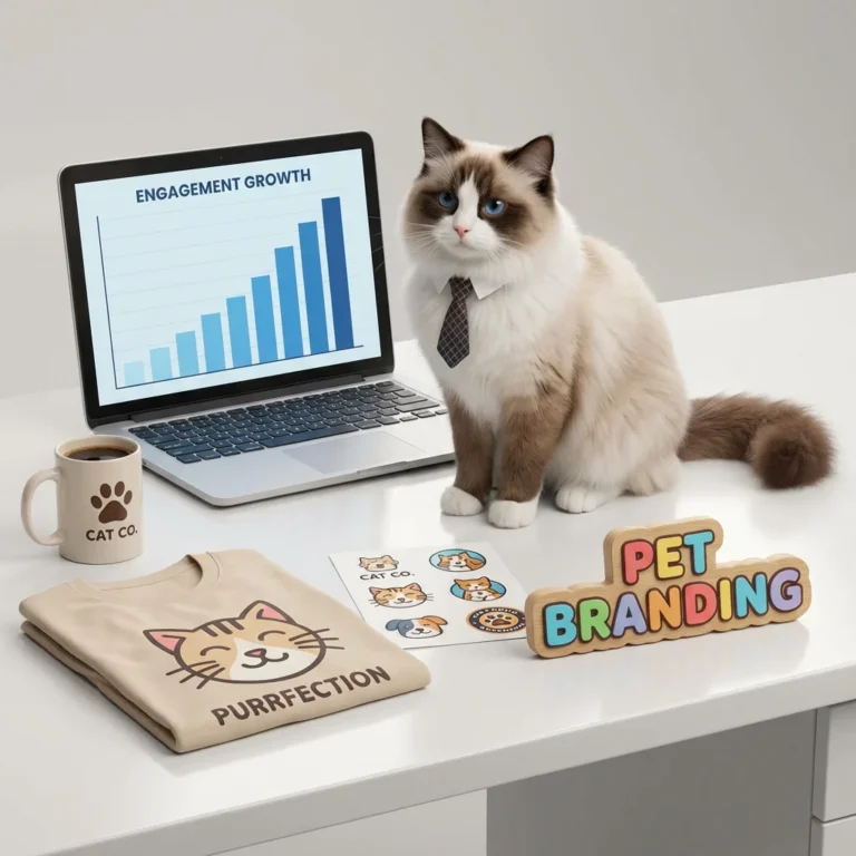 Ragdoll cat wearing business attire at desk with laptop showing engagement growth chart
