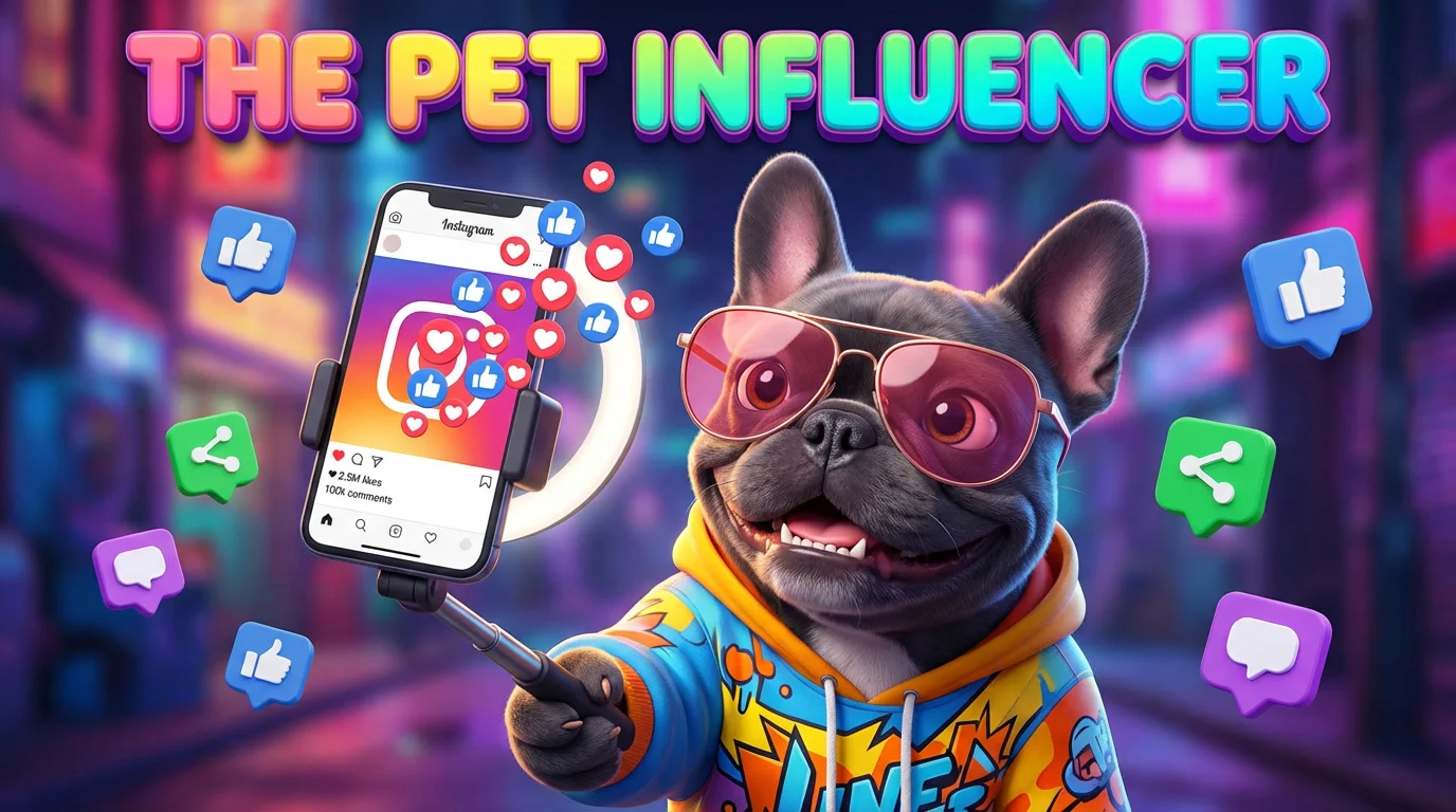 French Bulldog wearing pink sunglasses and colorful hoodie with social media icons in vibrant neon background