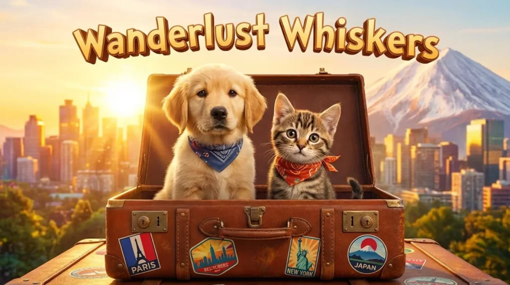 Golden Retriever and tabby cat wearing travel bandanas sitting in vintage brown suitcase with Paris, Berlin, New York and Japan travel stickers, mountain and city skyline background - wanderlust pet names