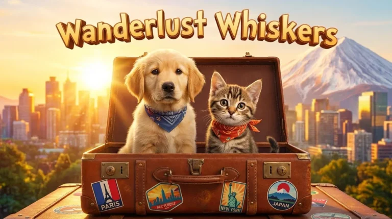 Golden Retriever and tabby cat wearing travel bandanas sitting in vintage brown suitcase with Paris, Berlin, New York and Japan travel stickers, mountain and city skyline background - wanderlust pet names
