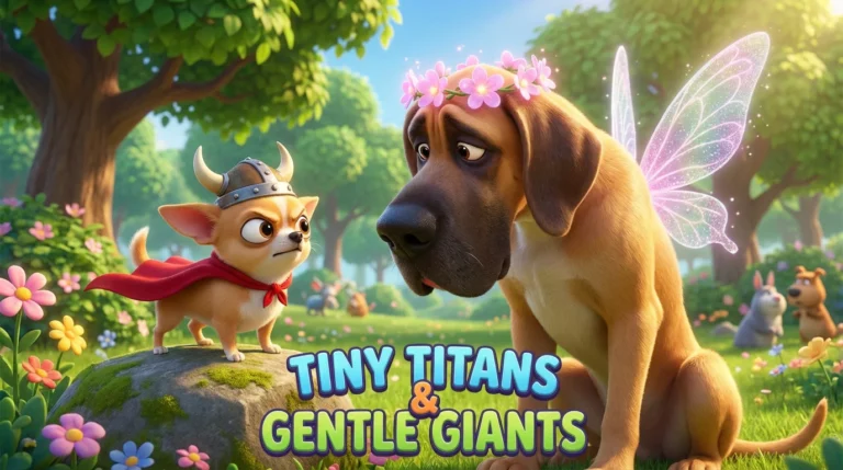 Tiny Chihuahua warrior with viking helmet and red cape standing on rock next to giant yellow Labrador with fairy wings and flower crown in enchanted garden - ironic pet naming concept