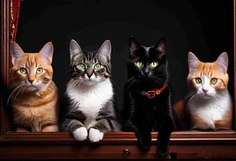 Four cats with different coat colors and patterns sitting in wooden window frame with dark background - ginger tabby, tabby and white, black with red collar, and orange and white cats representing diverse pet naming options based on coat color and patterns