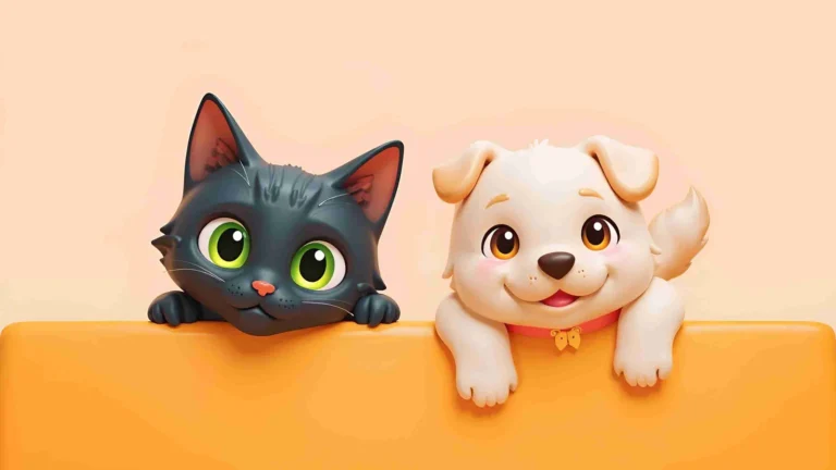 Cute cartoon illustration of black cat with green eyes and white dog with orange ears and red collar peeking over orange wall - perfect pair of sibling pets representing dynamic duo pet names and best friend pet names