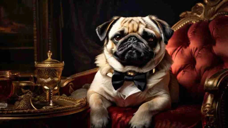 Elegant pug wearing black bow tie and white shirt sitting on luxurious red velvet chair with gold decorative elements