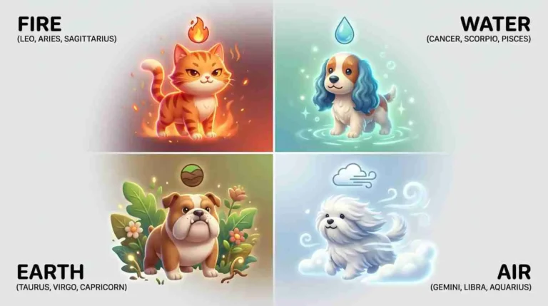 Mystical pet astrology illustration of zodiac elements.