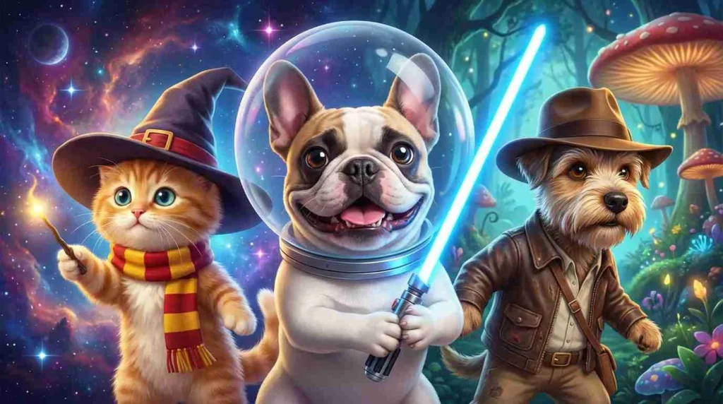 Animated pets in magical and fantasy settings with wizard hats and space suits
