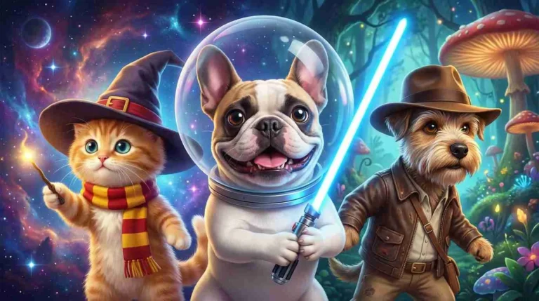 Animated pets in magical and fantasy settings with wizard hats and space suits