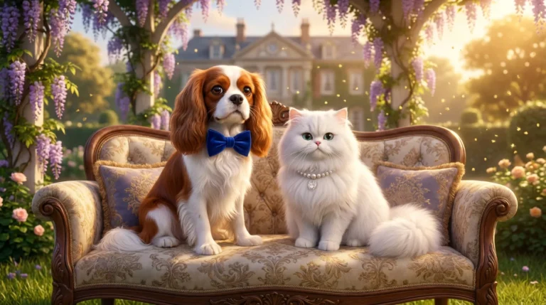 Majestic King Charles Cavalier Spaniel and Persian cat on Victorian sofa in grand estate