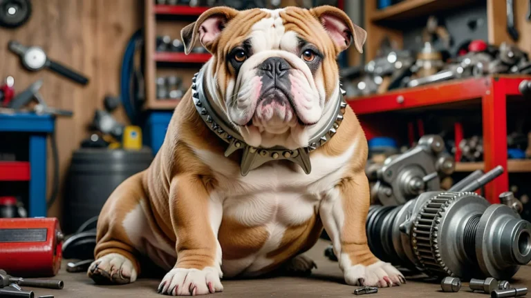 Tough bulldog with spiked collar in workshop - hard consonant dog names for training and recall
