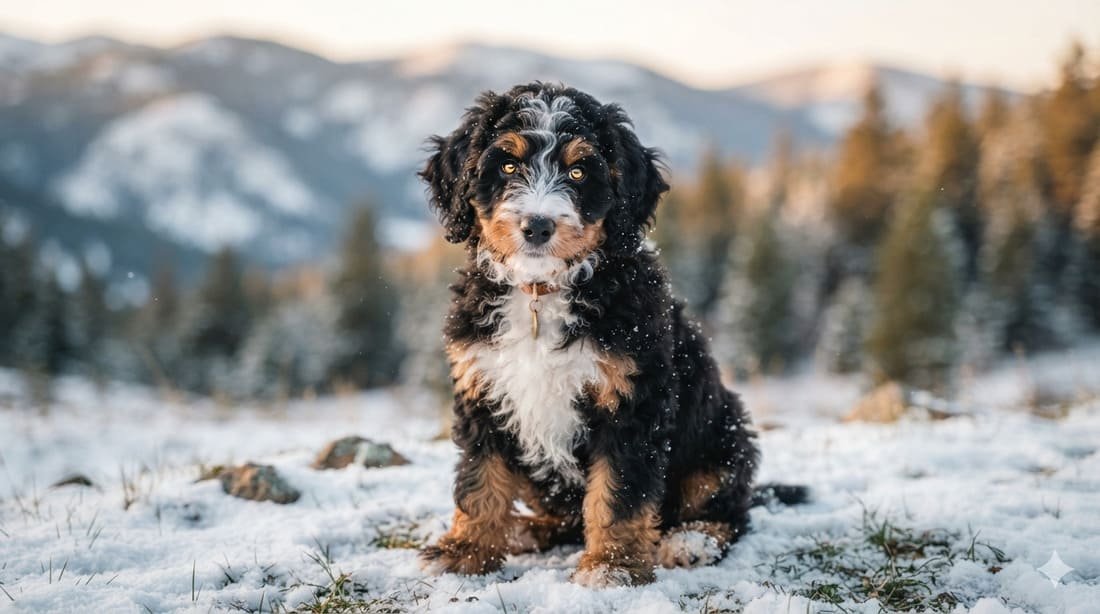 Fluffy tri-color Bernedoodle puppy sitting in light snow with mountains in the background