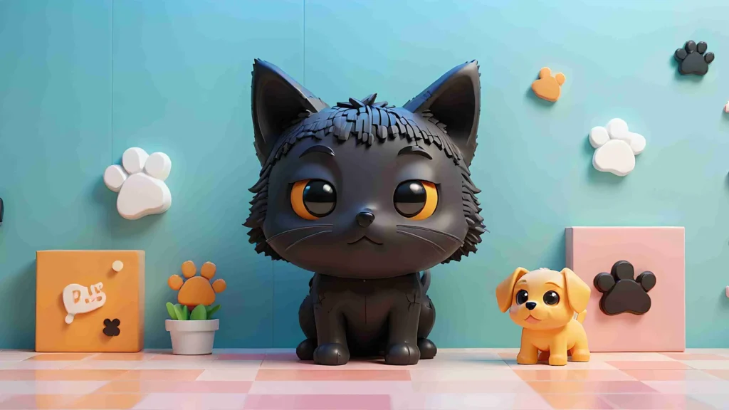 3D-rendered illustration of a black cat and a small yellow dog toy figure sitting together against a pastel teal background with paw print decorations, representing gender-neutral pet names