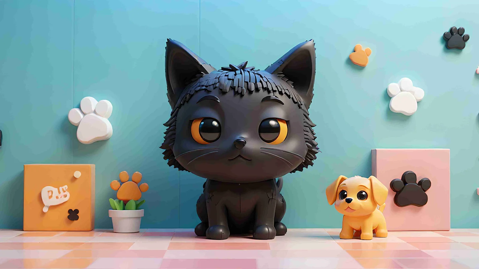 3D-rendered illustration of a black cat and a small yellow dog toy figure sitting together against a pastel teal background with paw print decorations, representing gender-neutral pet names