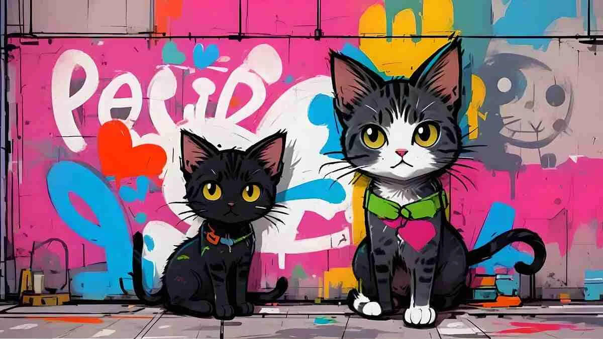 A black kitten and a gray-and-white cat sitting together in front of a colorful graffiti wall, illustrating a guide to choosing the perfect cat name