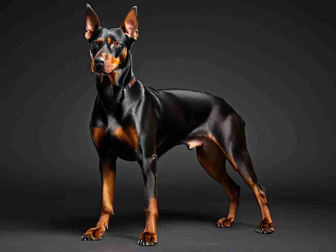 A Doberman Pinscher with a sleek black and tan coat standing confidently against a plain gray background