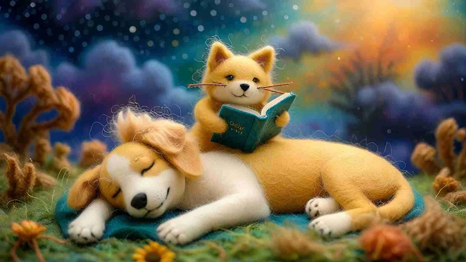 Needle-felted wool art illustration of a cat reading a book beside a sleeping dog in a cozy autumn forest scene, representing short and sweet dog names