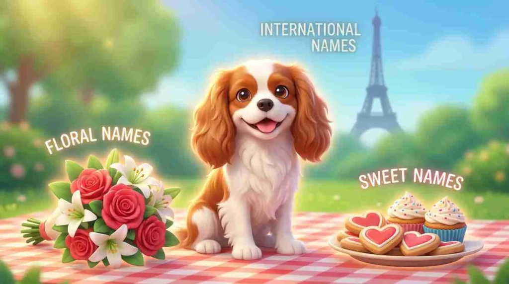 Cute Cavalier King Charles Spaniel in romantic Parisian garden with Eiffel Tower, surrounded by floral names (red roses), international names (Paris theme), and sweet names (heart cookies and cupcakes) - perfect illustration for valentine pet names and romantic dog names guide