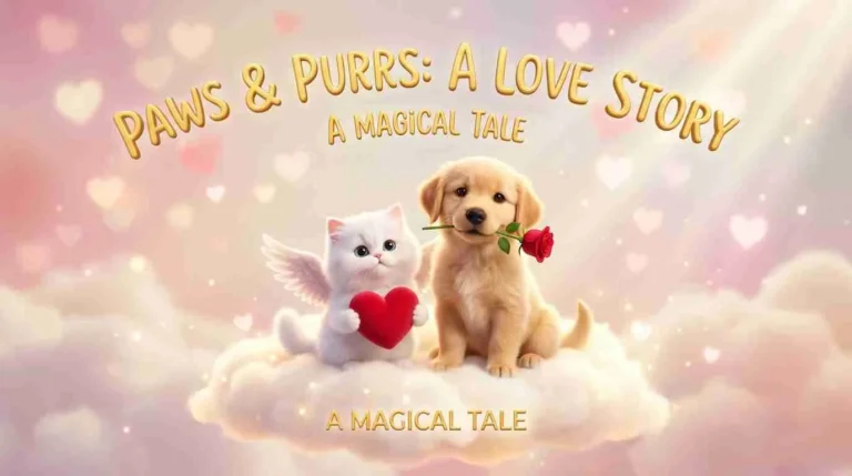 Romantic Valentine's Day illustration with white cat with angel wings holding red heart and golden dog holding red rose on cloud