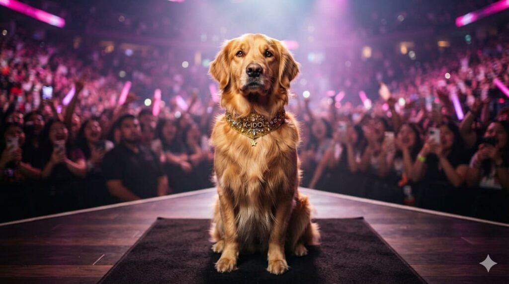 A golden retriever wearing a sparkly gold performance collar under neon pink and purple stage lights, representing KPop Demon Hunters-inspired pet names