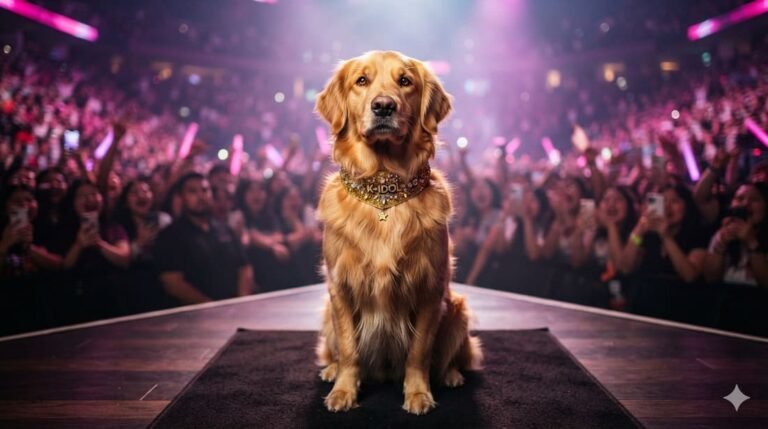 A golden retriever wearing a sparkly gold performance collar under neon pink and purple stage lights, representing KPop Demon Hunters-inspired pet names