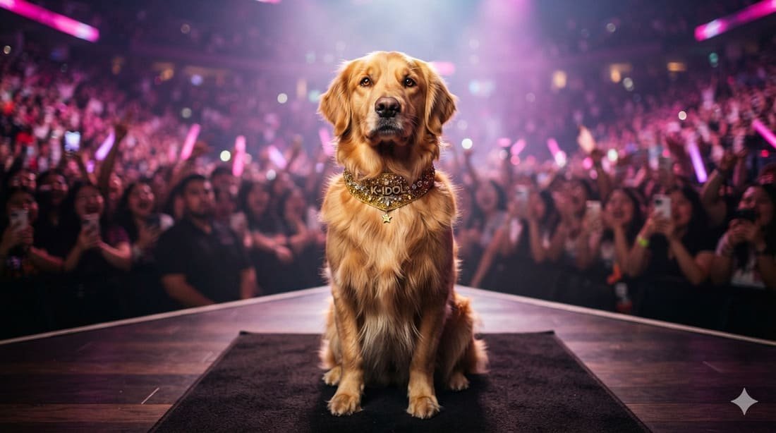 A golden retriever wearing a sparkly gold performance collar under neon pink and purple stage lights, representing KPop Demon Hunters-inspired pet names