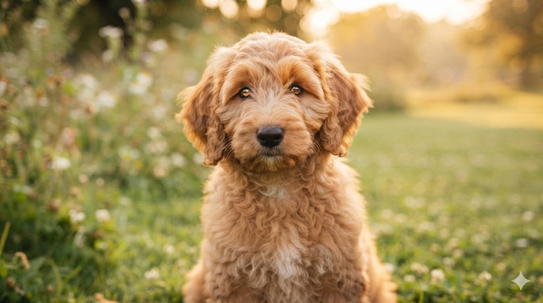 Golden-coated Goldendoodle puppy with soft curly fur sitting in natural light