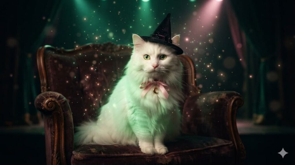 A green-tinted cat wearing a small witch hat next to a pink collar, representing Wicked-inspired pet names like Elphie and Glinda