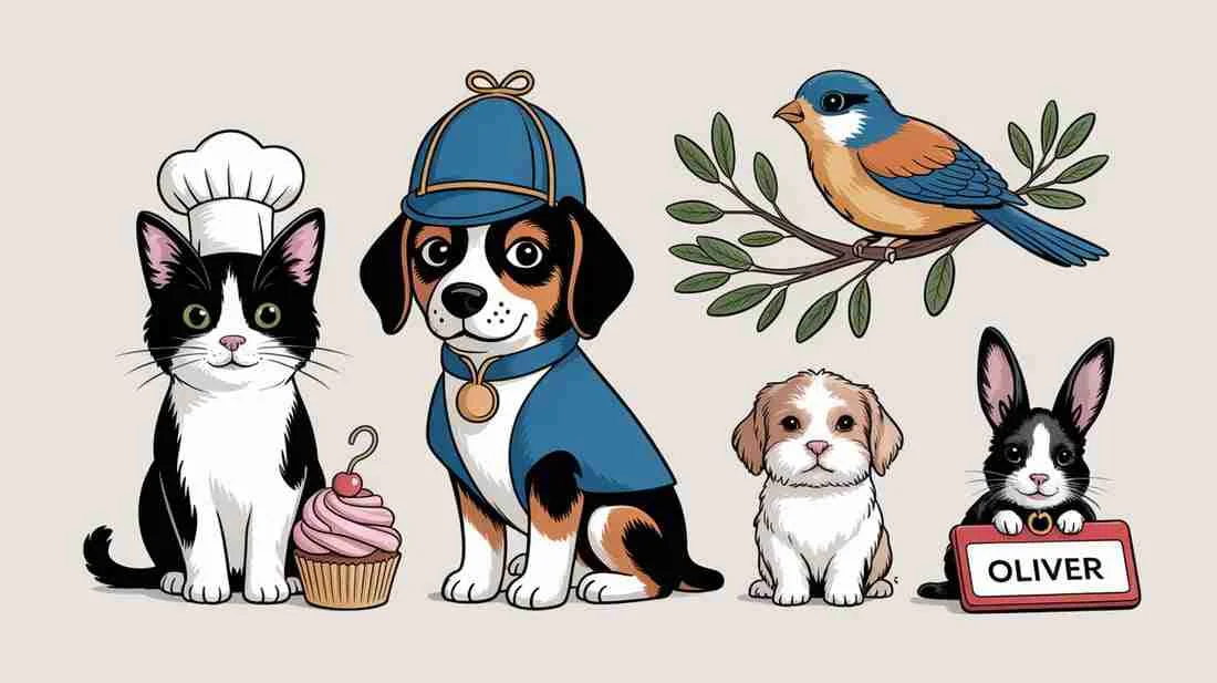 Illustrated cartoon pets — a cat wearing a chef hat next to a cupcake, a dog wearing a cap, a puppy, a bird on a branch, and a rabbit with an 'Oliver' name tag — representing the psychology of pet naming