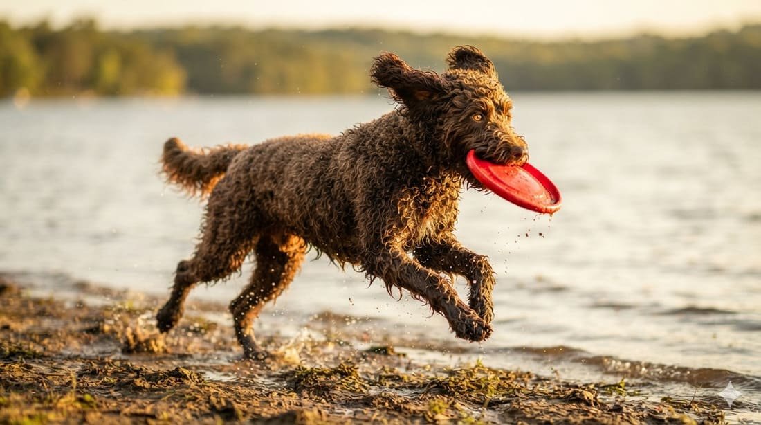 Energetic Labradoodle running and playing fetch outdoors near water