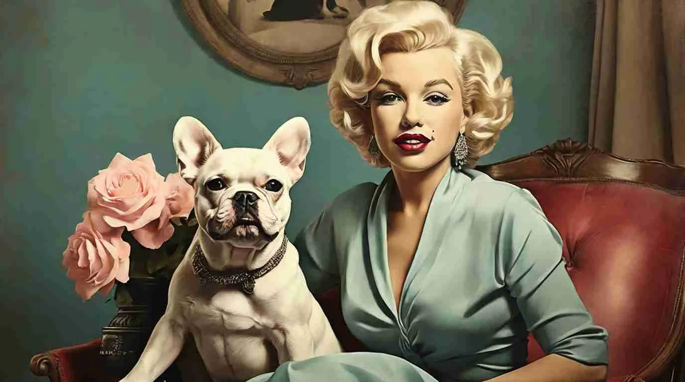 Vintage-style portrait of a glamorous woman resembling Marilyn Monroe seated beside a French Bulldog, illustrating pop-culture inspired pet names