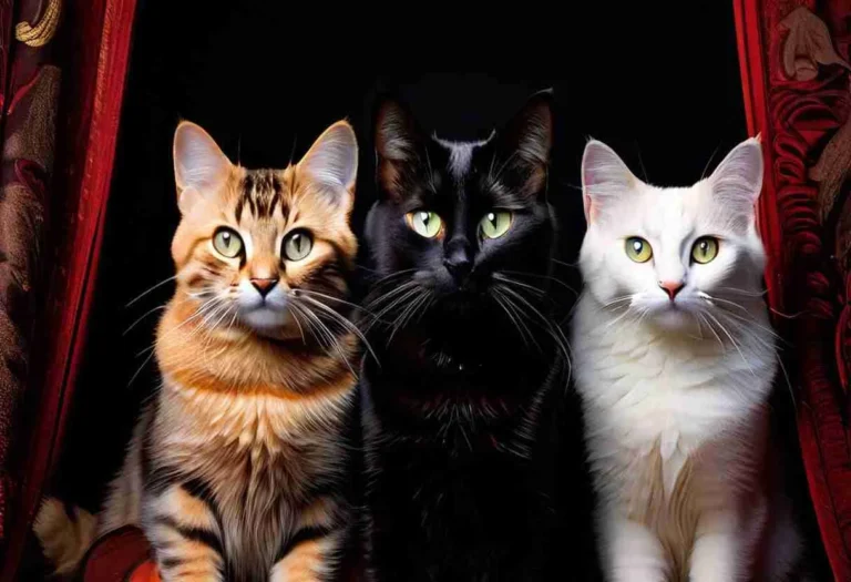 An orange tabby cat, a black cat, and a white cat sitting side by side against a dark red curtain, representing the diverse meanings behind cat names