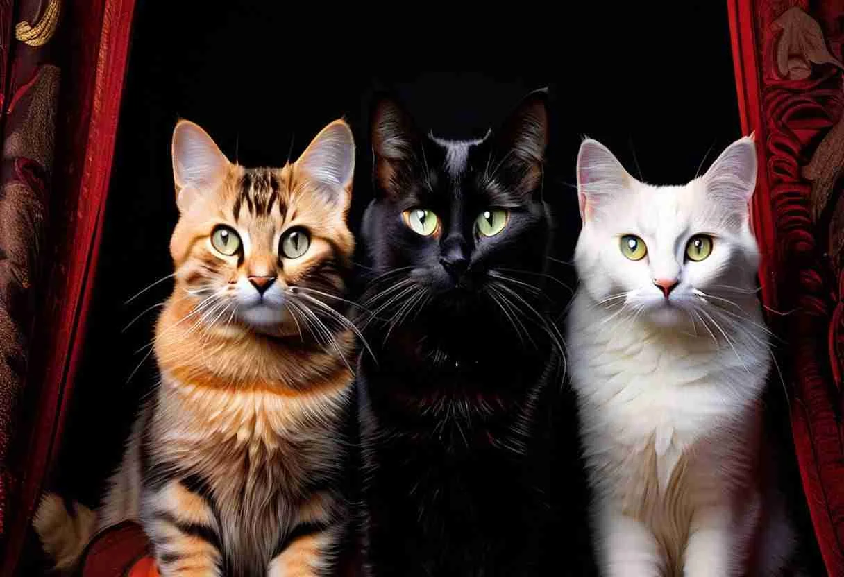 An orange tabby cat, a black cat, and a white cat sitting side by side against a dark red curtain, representing the diverse meanings behind cat names