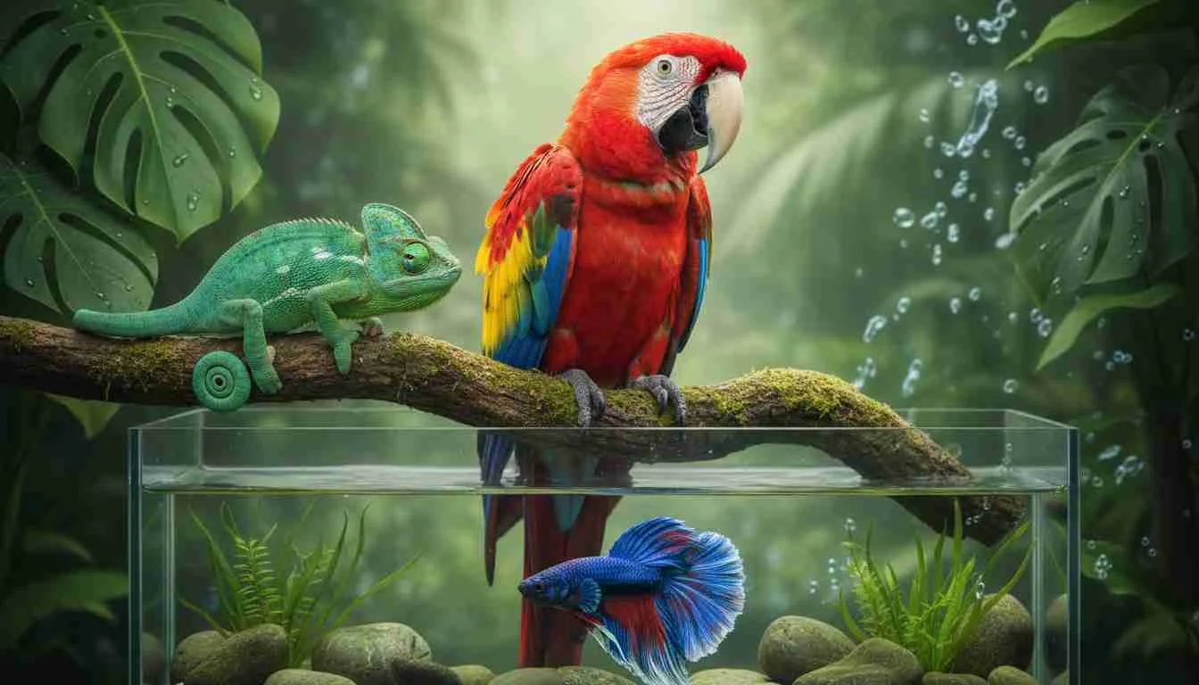 A scarlet macaw perched on a branch above a chameleon and a betta fish tank in a lush jungle setting, representing exotic pet names for birds, reptiles, and fish