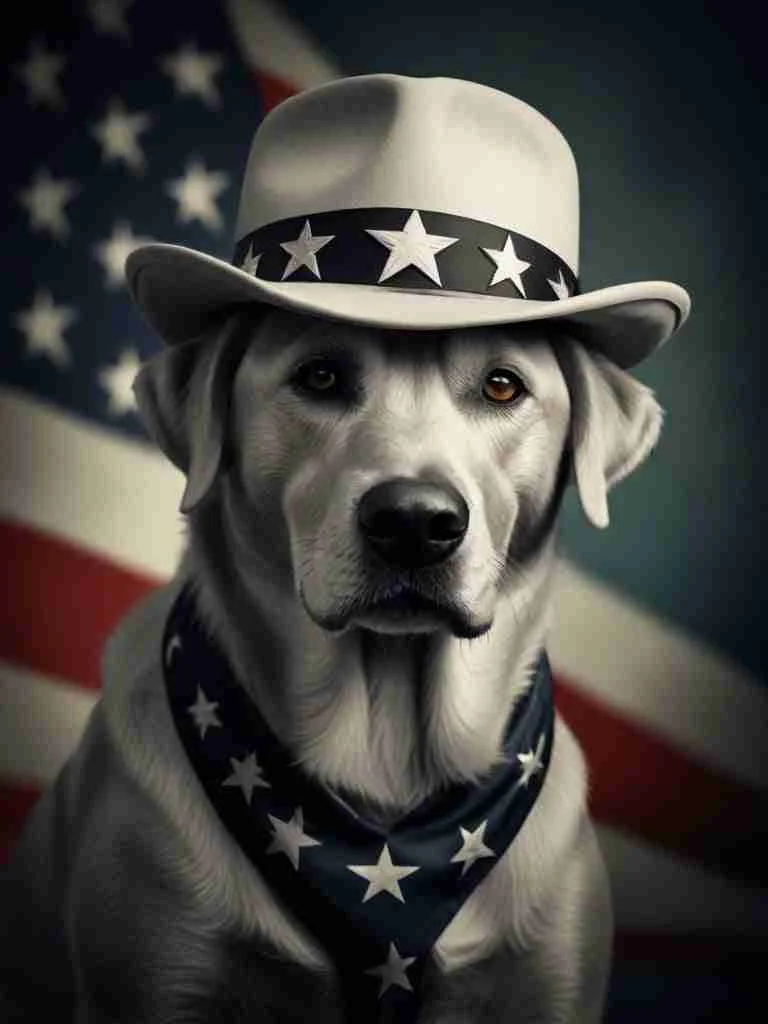 A Labrador retriever wearing a star-spangled hat and bandana in front of an American flag backdrop, symbolizing the patriotic meanings behind some pet names