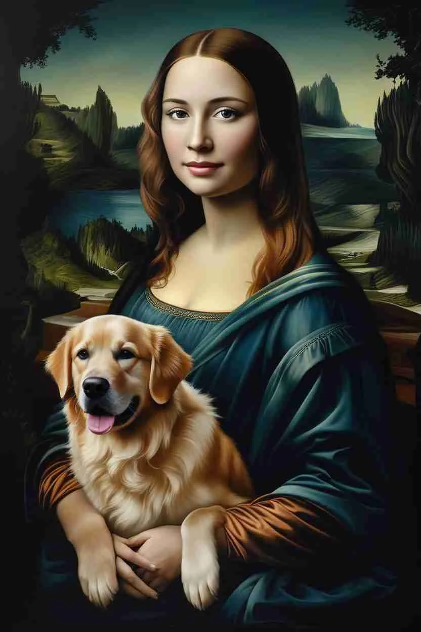 Renaissance-style painting of a woman resembling the Mona Lisa holding a Golden Retriever, representing timeless and classic pet names
