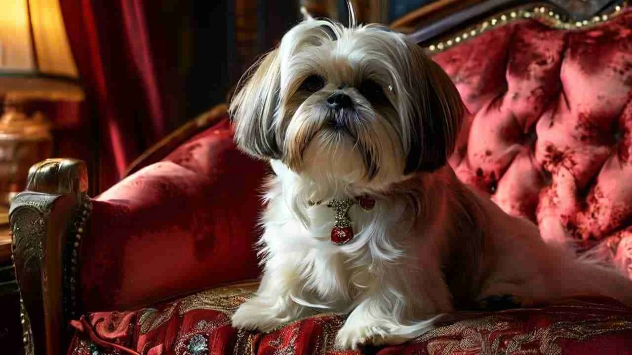 Small fluffy dog sitting elegantly on a red velvet chair, representing the top female dog names of 2025