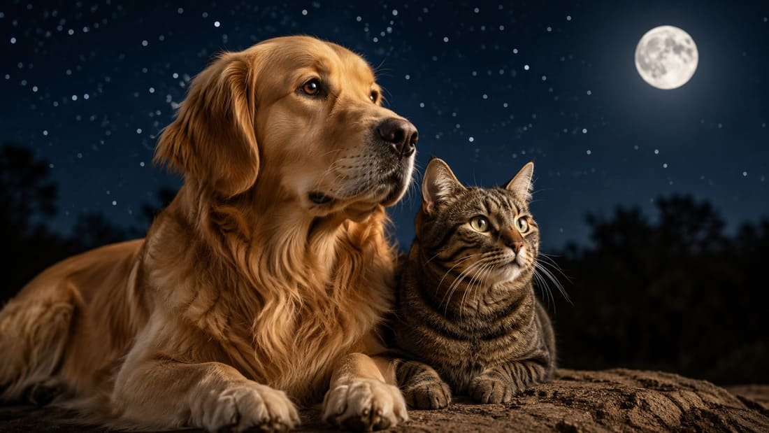 Trending celestial pet names 2026 - dog and cat under a starry night sky