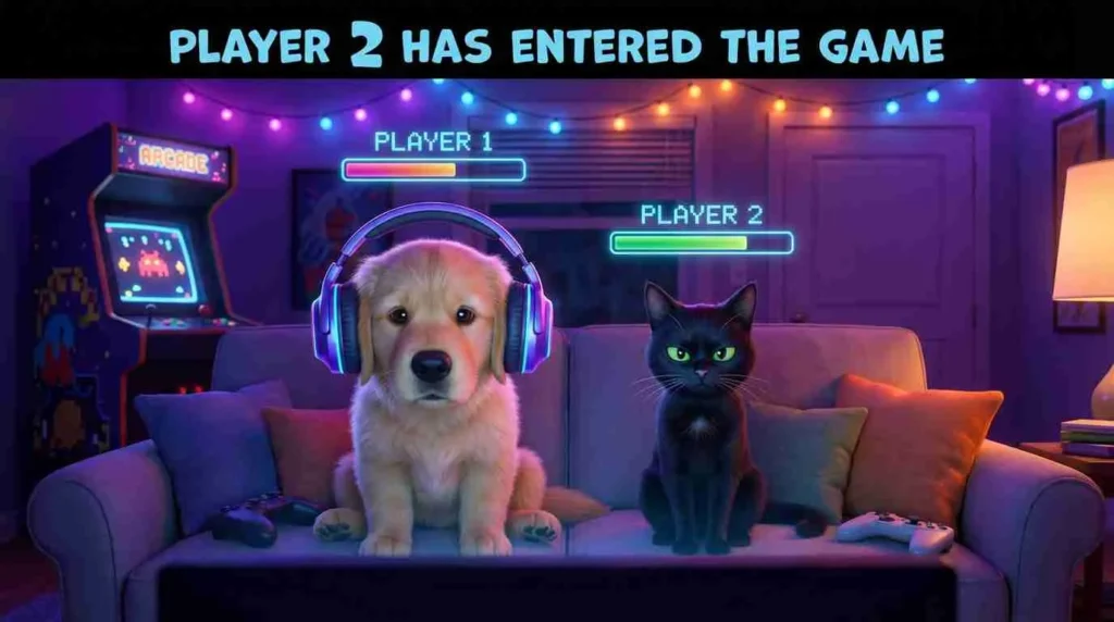Epic gaming room scene with white dog wearing neon headphones and black cat as Player 1 and Player 2 with health bars - perfect illustration for video game pet names, gamer dog names, pokemon pet names, zelda cat names, rpg pet names, nerd pet names, geeky dog names, gaming pets, player 2 pet, co-op pets, neon gaming aesthetic, retro arcade, gaming room, pet gamers and gaming-inspired pet naming guide