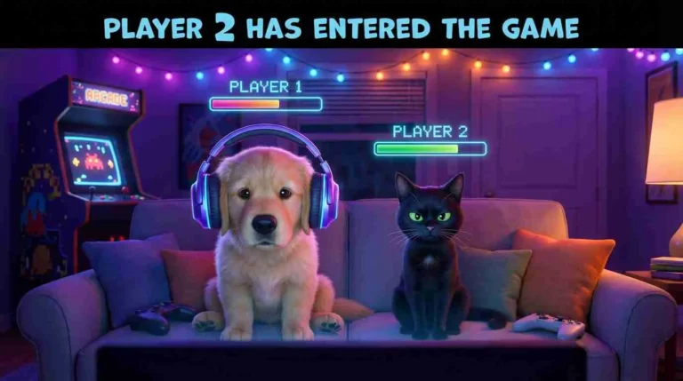 Epic gaming room scene with white dog wearing neon headphones and black cat as Player 1 and Player 2 with health bars - perfect illustration for video game pet names, gamer dog names, pokemon pet names, zelda cat names, rpg pet names, nerd pet names, geeky dog names, gaming pets, player 2 pet, co-op pets, neon gaming aesthetic, retro arcade, gaming room, pet gamers and gaming-inspired pet naming guide