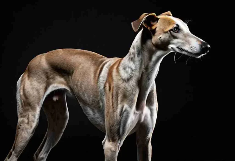 A sleek whippet or greyhound photographed in dramatic lighting against a black background, showcasing its muscle definition and elegance