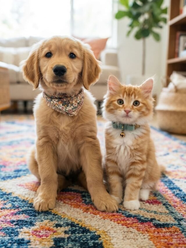 Golden retriever puppy and fluffy kitten sitting side by side