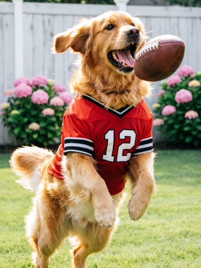 Golden retriever wearing a football jersey leaping to catch a ball