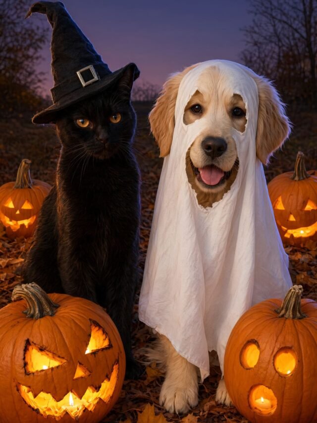 Black cat in a witch hat and puppy dressed as a ghost among glowing pumpkins
