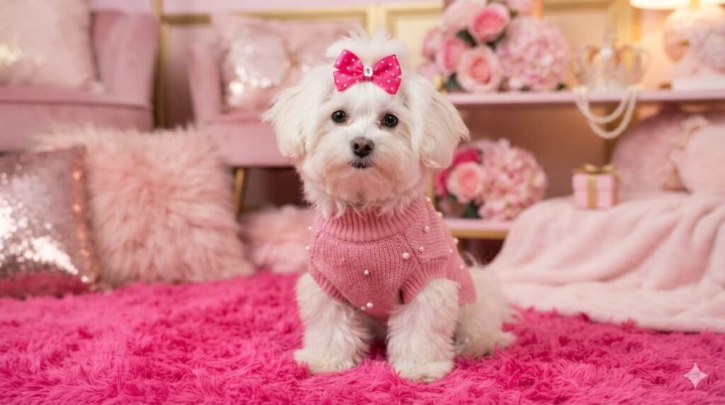 Small white dog wearing a hot pink bow and outfit surrounded by pink decor - barbiecore pet names