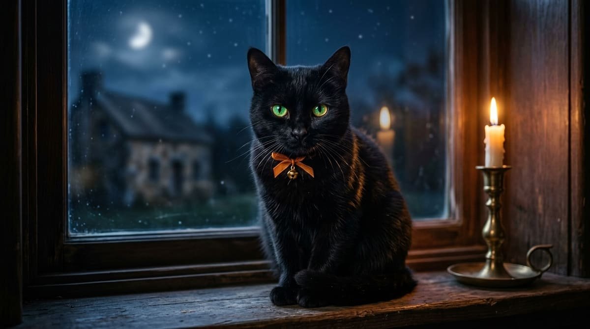 Elegant black cat with green eyes sitting on a windowsill at night, lit by candlelight and moonlight - Halloween pet names