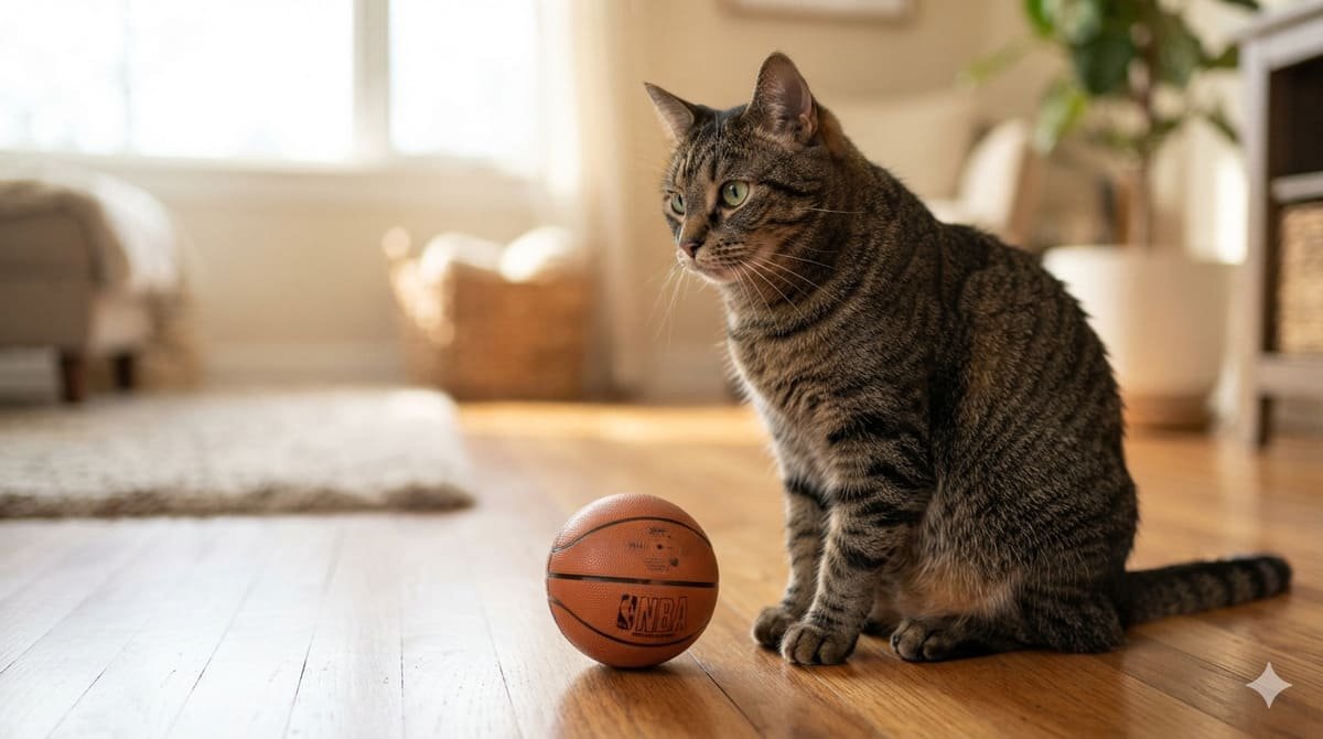 Cat sitting next to a mini basketball, looking alert and ready to play - sports athlete inspired pet names