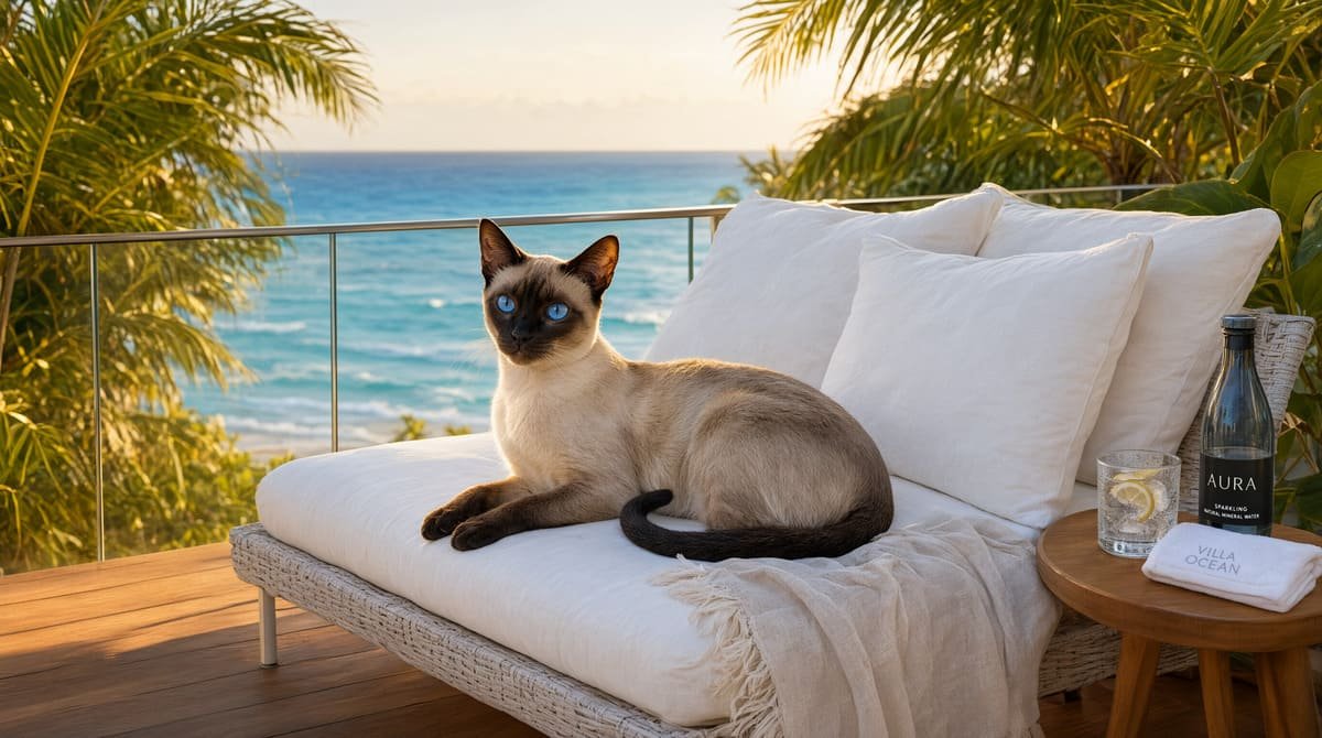 Elegant cat lounging on a tropical resort-style balcony with palm leaves in the background - prestige TV pet names